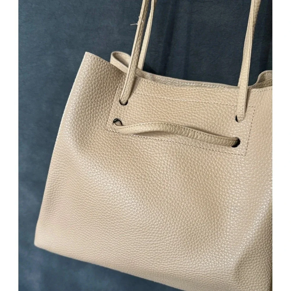 8 Other Reasons Pebbled Leather Shoulder Bag Beige Tan Minimalist Hobo Tote